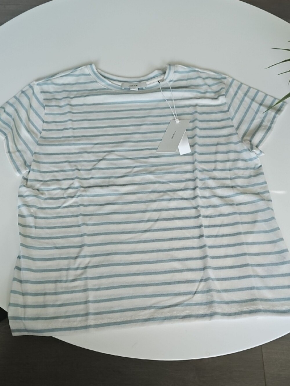 Vince Blue and White Striped Crewneck Tee